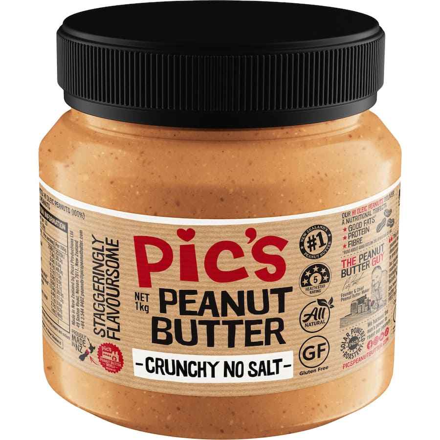 Crunchy peanut butter jar filled with hi oleic peanuts and an array of crunchy bits, made in New Zealand with no added salt.