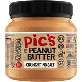 Crunchy peanut butter jar filled with roasted peanuts, featuring a mix of big and little bits, no salt added.