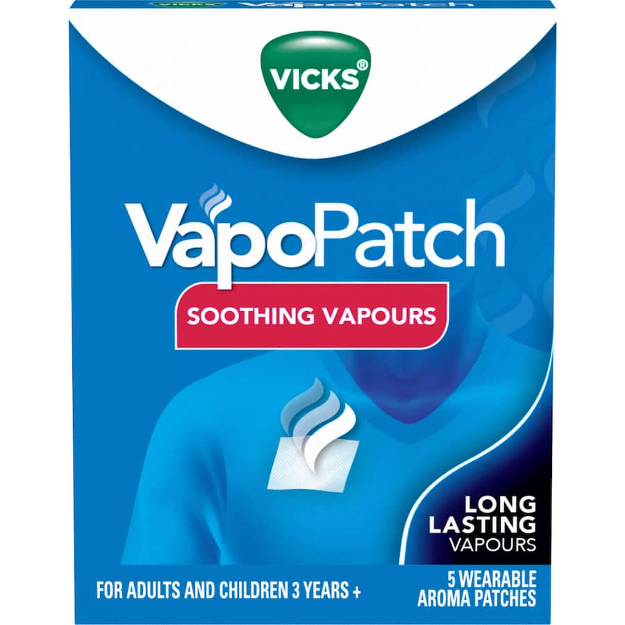 Vicks VapoPatch is a wearable aroma patch providing soothing menthol vapors for respiratory comfort, ideal for kids and adults.