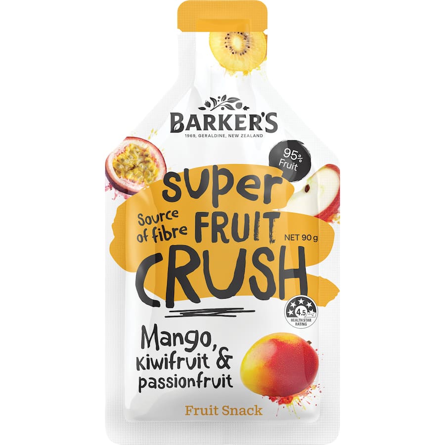 Barkers Super Fruit Crush juice, a tasty blend of mango, passionfruit, and kiwi, packed with nutrients and tropical flavor.