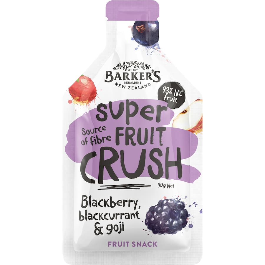 Barkers Super Fruit Crush juice featuring blackcurrant, blackberry, and goji, packed with antioxidants and real fruit flavor.