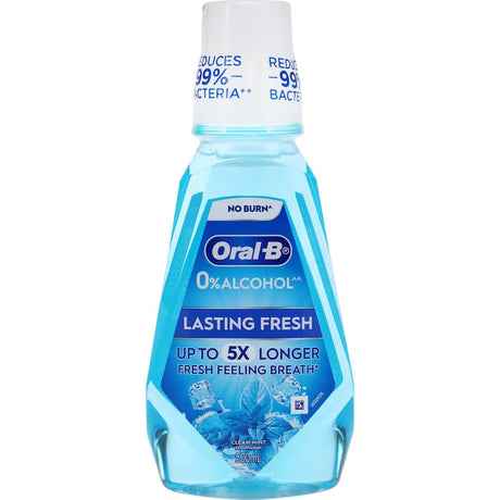 Refreshing Oral B Mouthwash for long-lasting freshness, plaque control, and gum protection with a burst of mint flavor.