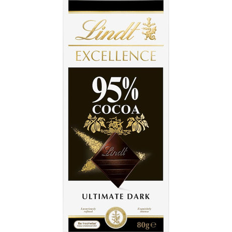 Lindt Excellence Dark 95% chocolate bar featuring intense flavor, velvety texture, and high-quality cocoa for true connoisseurs.