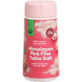 Woolworths Fine Cut Himalayan Pink Salt, a 100% natural seasoning with a beautiful pink hue, ideal for enhancing culinary flavors.