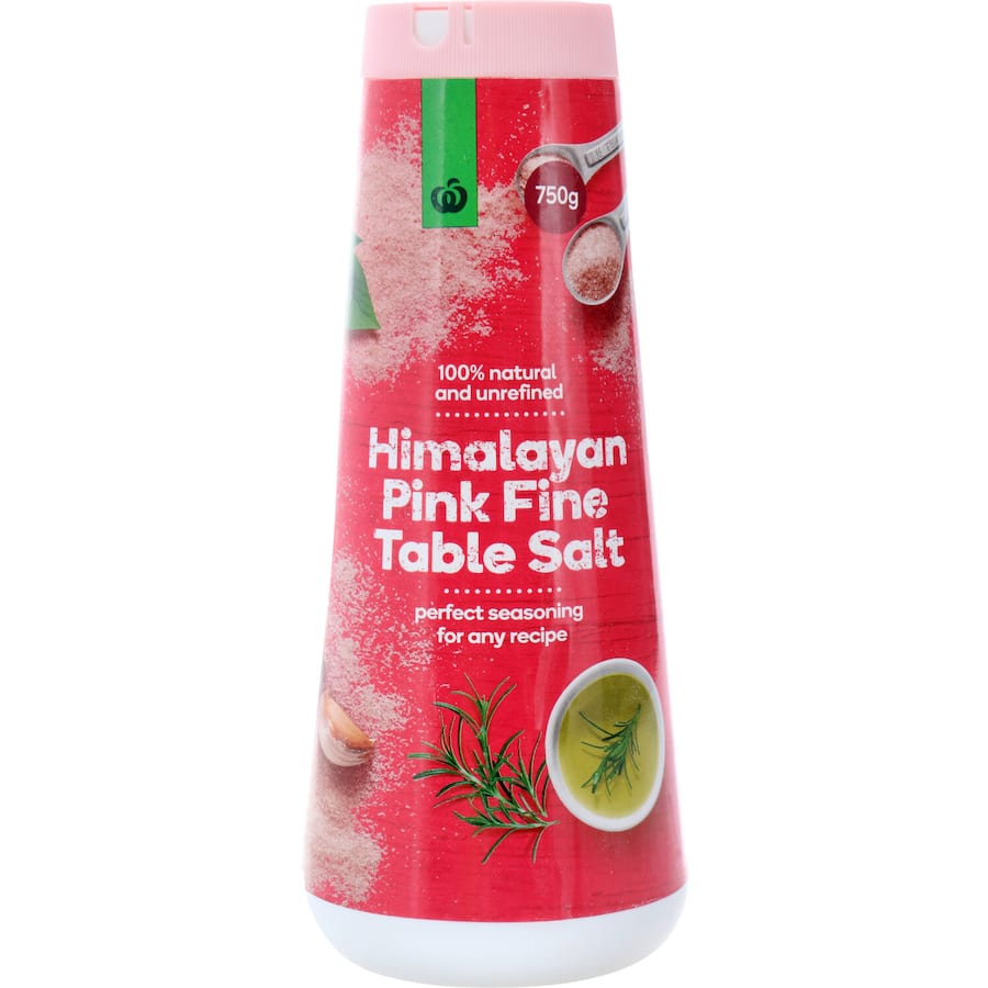 Woolworths Himalayan Pink Salt Fine Cut 750g, mineral-rich, naturally pink, chemical-free seasoning for exquisite culinary flavor.