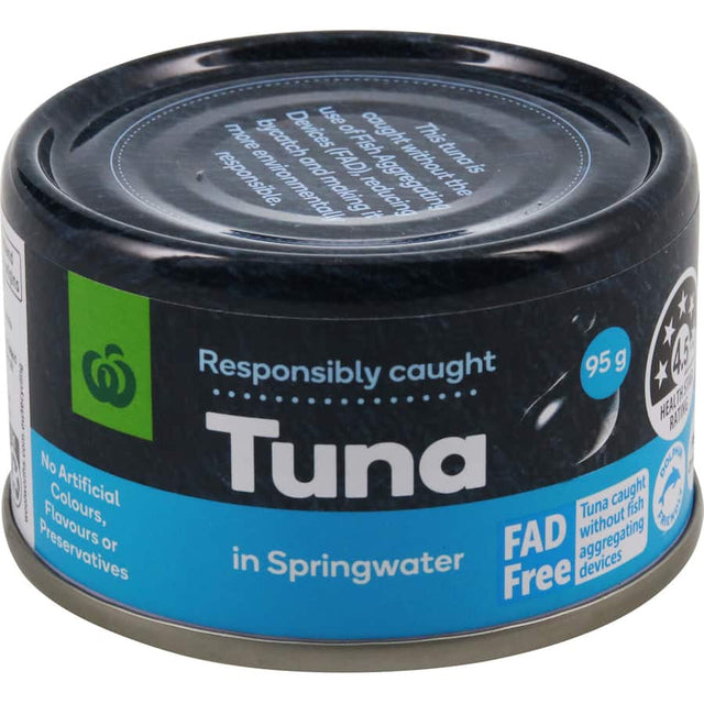 Canned Woolworths Tuna in spring water, high in protein and Omega-3, responsibly sourced and dolphin-friendly.