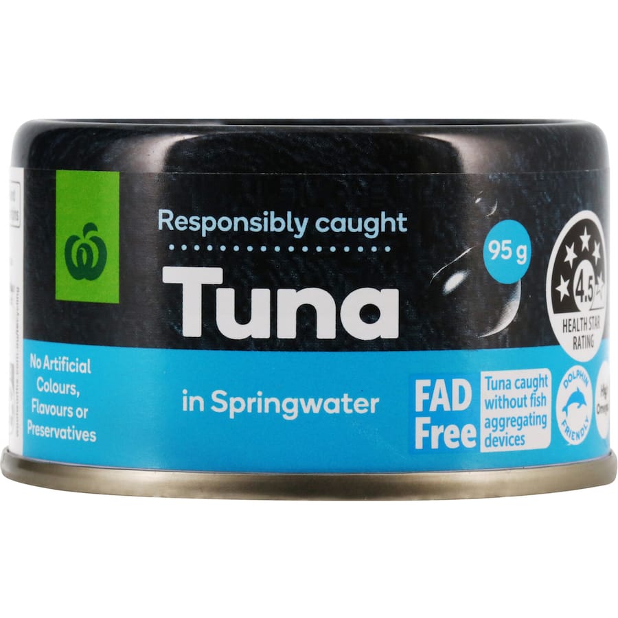 Woolworths Tuna in Spring Water, high-protein and eco-friendly, perfect for salads, sandwiches, and pasta dishes.