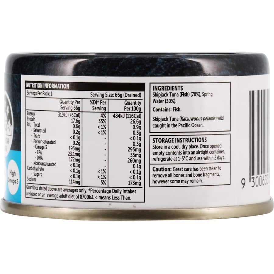 Canned sustainable tuna in spring water, rich in protein and Omega-3, perfect for healthy meals and quick recipes.