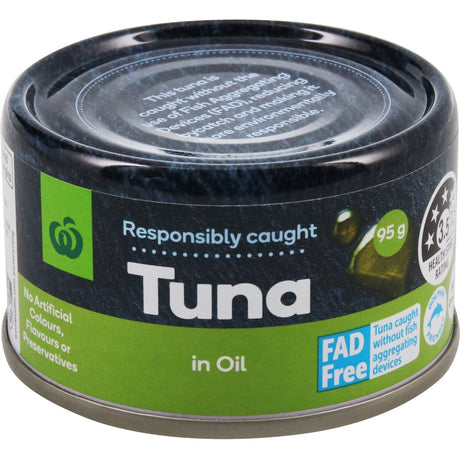 Canned Woolworths Tuna in Oil, sustainably sourced, rich in omega-3, perfect for healthy meals and snacks.