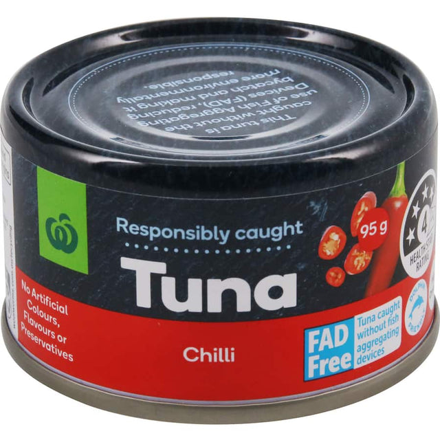 Woolworths Tuna Chilli: Premium tuna in chilli flavor, rich in omega-3, responsibly sourced, and dolphin-friendly option.