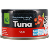 Woolworths Tuna Chilli, premium tuna with bold chili flavor, rich in omega-3, responsibly sourced, and dolphin-friendly.