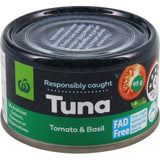 Canned Woolworths Tuna with Tomato & Basil, a nutritious, dolphin-friendly option for salads and pasta, rich in omega-3s.