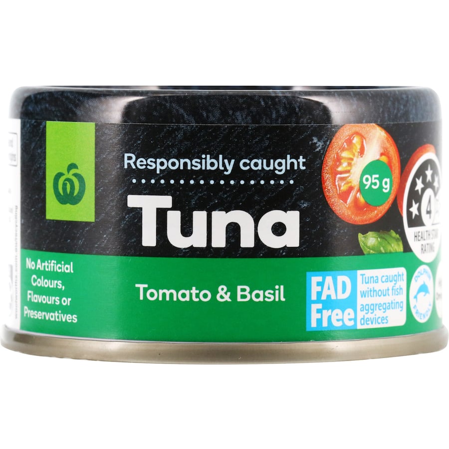 Woolworths Tuna Tomato & Basil: premium dolphin-friendly canned tuna with rich flavors, ideal for salads and sandwiches.