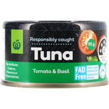 Woolworths Tuna Tomato & Basil: premium dolphin-friendly canned tuna with rich flavors, ideal for salads and sandwiches.