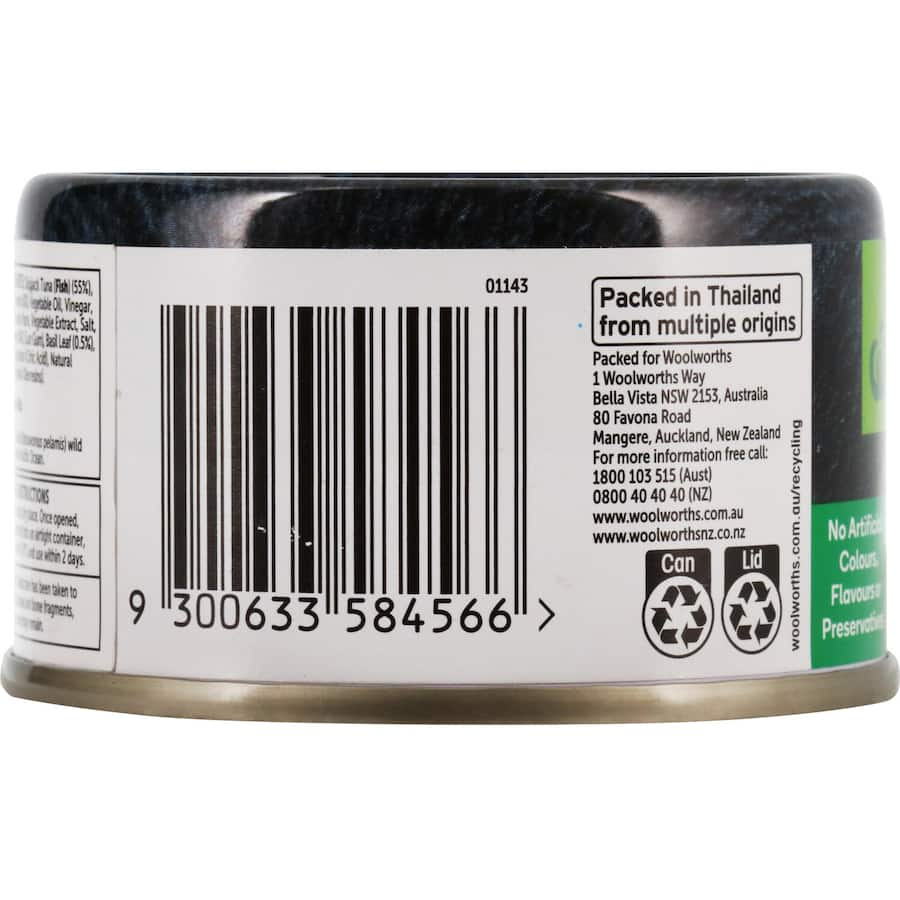 Woolworths canned tuna with tomato and basil, rich in omega-3, sustainably caught, perfect for salads and sandwiches.