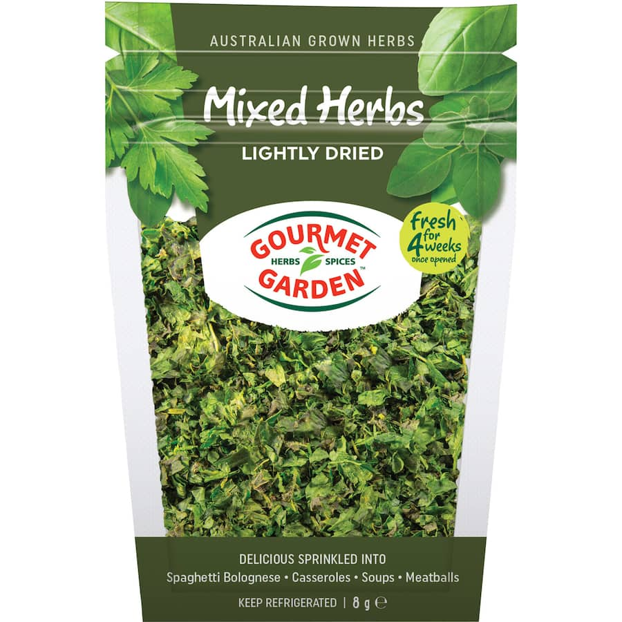 Lightly dried gourmet mixed herbs blend of basil, oregano, and parsley for enhancing flavors in various dishes.