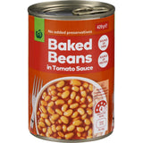 A 420g can of Woolworths baked beans in rich tomato sauce, packed with fiber and protein, perfect for meals or snacks.