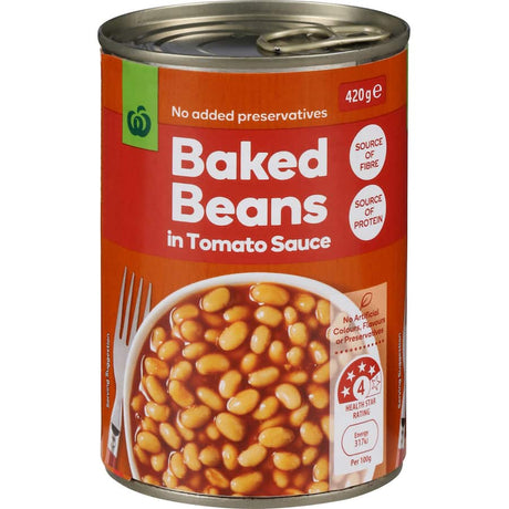 A 420g can of Woolworths baked beans in rich tomato sauce, packed with fiber and protein, perfect for meals or snacks.