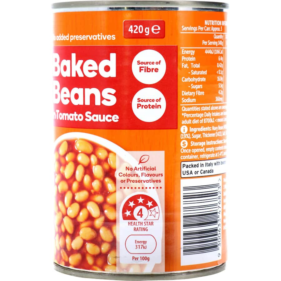 Can of Woolworths Baked Beans in Tomato Sauce, 420g, showcasing a hearty, nutritious staple with rich flavor and no artificial additives.