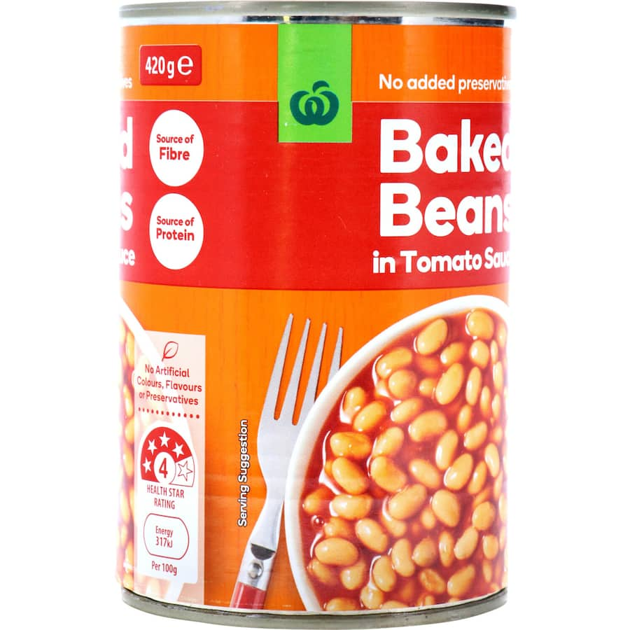 Woolworths Baked Beans in Tomato Sauce, 420g can, rich in fiber and protein, perfect for versatile meals without additives.