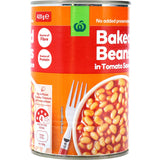 Woolworths Baked Beans in Tomato Sauce, 420g can, rich in fiber and protein, perfect for versatile meals without additives.