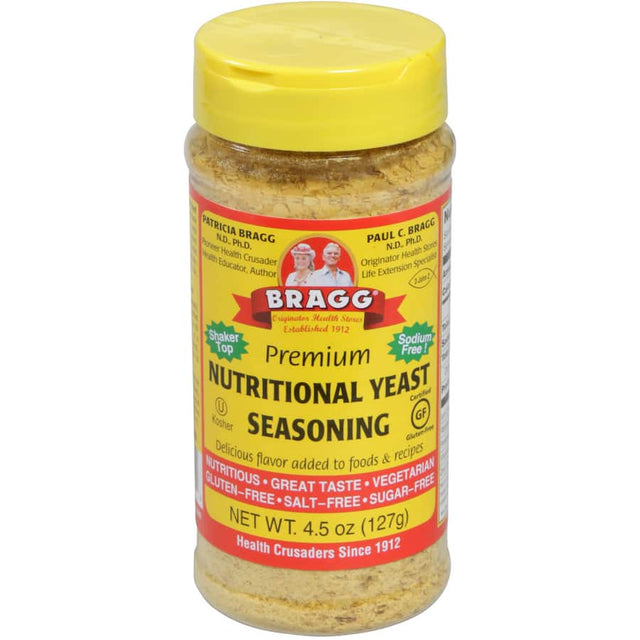 Bragg Seasoning Nutritional Yeast in a 127g flip-top container, adds nutty, cheesy flavor, packed with B12 and protein.