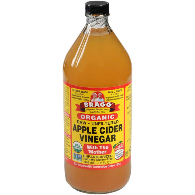 Bragg Apple Cider Vinegar bottle, made from organic apples, rich in nutrients and enzymes for health and wellness.