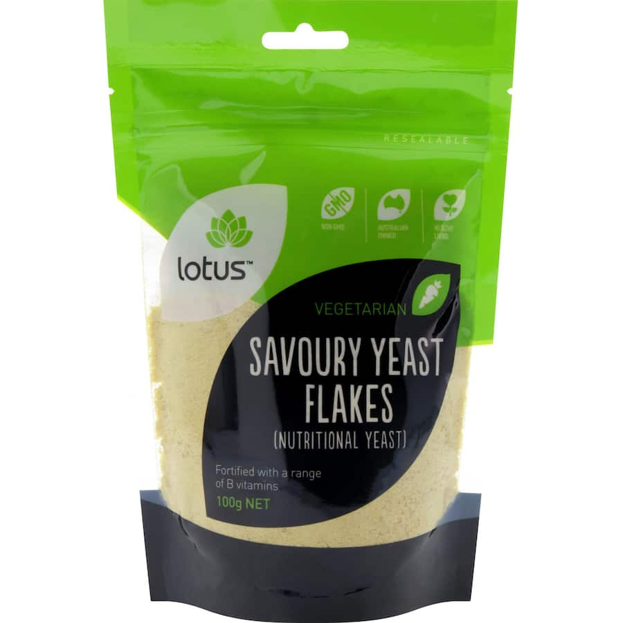 Nutty and cheesy Lotus Yeast Savoury Flakes, packed with nutrients for enhancing healthy meals and snacks.