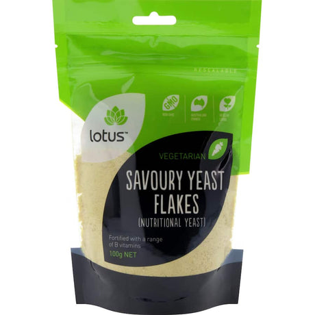 Nutty and cheesy Lotus Yeast Savoury Flakes, packed with nutrients for enhancing healthy meals and snacks.