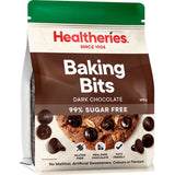 Healtheries 99% Sugar Free Dark Chocolate Baking Bits, gluten-free, stevia-sweetened, perfect for guilt-free treats.