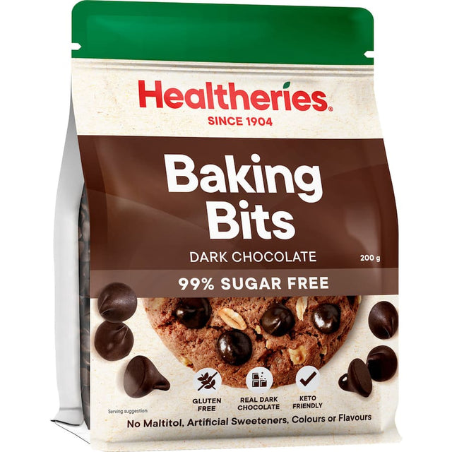 Healtheries 99% Sugar Free Dark Chocolate Baking Bits, gluten-free, stevia-sweetened, perfect for guilt-free treats.