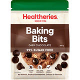 Healtheries 99% sugar-free dark chocolate bits, gluten-free, naturally sweetened with stevia for guilt-free baking.