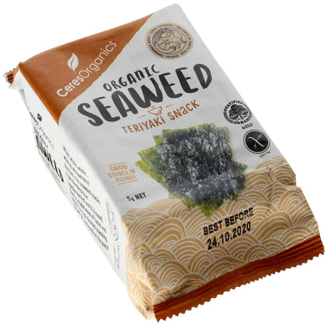 Crispy organic nori seaweed snacks seasoned with teriyaki for a nutritious, gluten-free, and vegan treat.