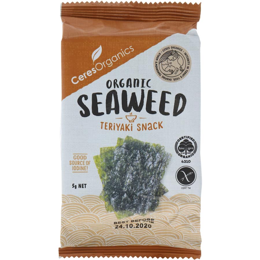 Crispy organic seaweed snacks infused with teriyaki flavor, rich in iodine and perfect for healthy on-the-go snacking.