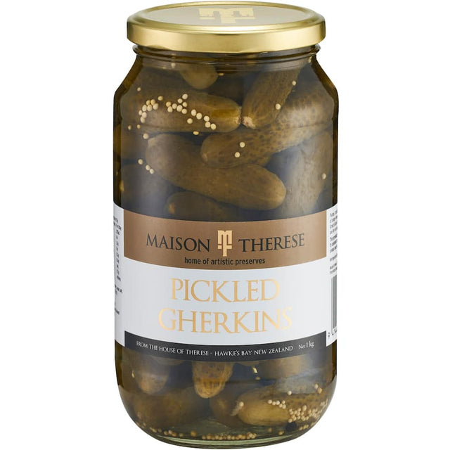 Maison Therese Gherkins Pickled jar filled with crunchy, tangy gherkins, ideal for sandwiches and antipasto platters.