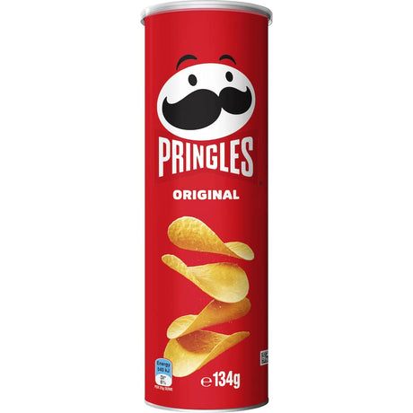 A canister of Pringles Chips Original showcasing uniquely shaped, salted potato crisps, perfect for sharing and snacking.