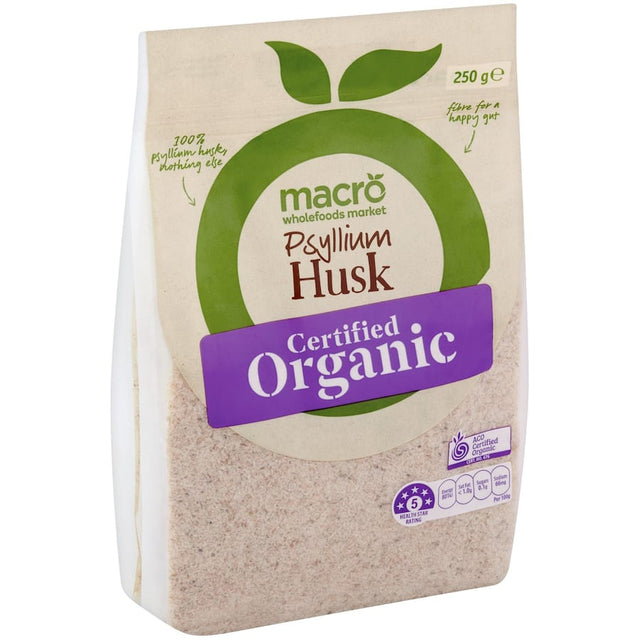 Macro Organic Psyllium Husk in a bag, featuring organic soluble fiber for gut health and versatile dietary use.