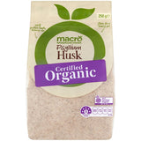 Macro Organic Psyllium Husk in a bag, a source of soluble fiber for gut health, perfect for adding to food and drinks.