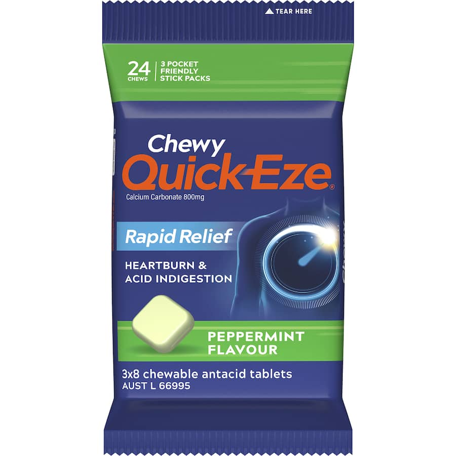 Quickeze Antacid Chewy Peppermint multipack with 24 chewy tablets for fast relief from heartburn and indigestion.