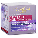 L'Oreal Paris Revitalift Night Cream Filler rejuvenates skin overnight, plumping wrinkles with hyaluronic acid and galanga extract.