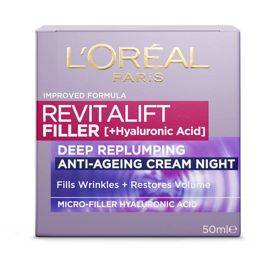 L'Oreal Revitalift Night Cream Filler with hyaluronic acid for plumping skin and reducing fine lines overnight.