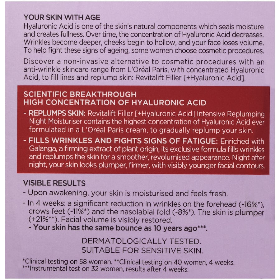 L'Oreal Paris Revitalift Night Cream Filler, a hydrating night cream with hyaluronic acid for youthful, plump skin.