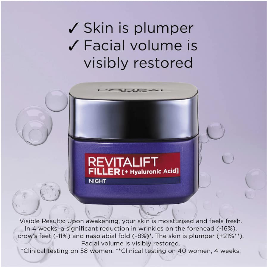 L'Oreal Paris Revitalift Night Cream Filler hydrates and plumps skin overnight, reducing wrinkles with hyaluronic acid and galanga.