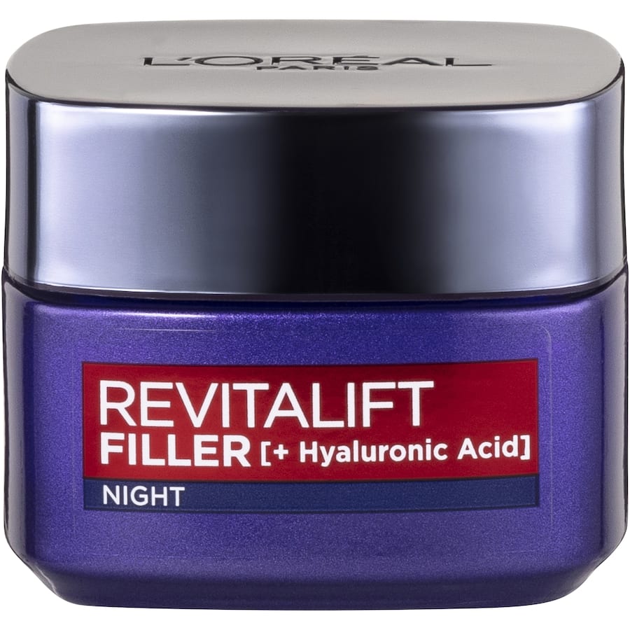 L'Oreal Paris Revitalift Night Cream Filler, a hydrating anti-aging cream with hyaluronic acid for plumper, younger-looking skin.