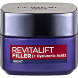 L'Oreal Paris Revitalift Night Cream Filler, a hydrating anti-aging cream with hyaluronic acid for plumper, younger-looking skin.