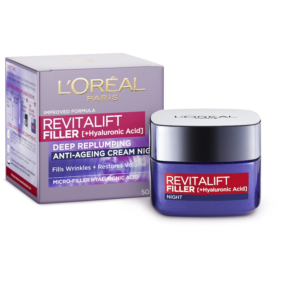 L'Oreal Paris Revitalift Night Cream Filler, a hyaluronic acid-based cream for plumping skin and reducing wrinkles overnight.