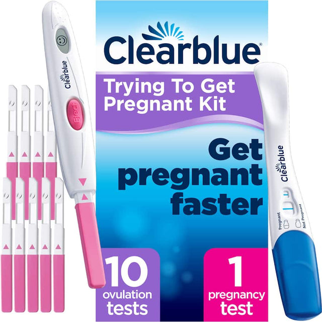 Clearblue Ovulation Kit featuring 10 digital tests and 1 early pregnancy test to maximize chances of conception.