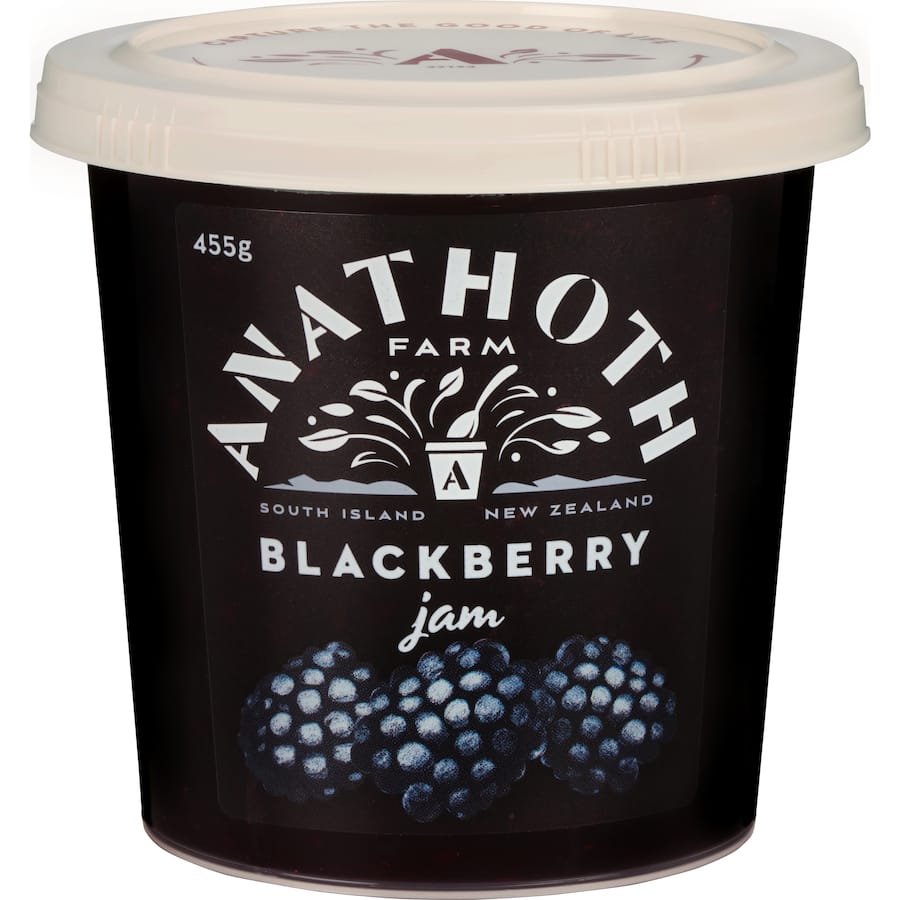 Anathoth Farm Blackberry Jam jar, showcasing rich, sweet-tart blackberries from New Zealand, perfect for spreads and baking.