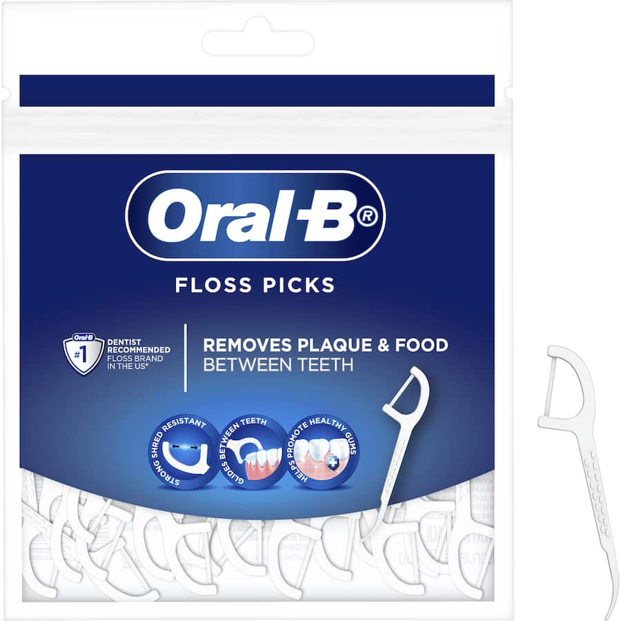 Oral B Dental Floss Picks with ergonomic design and shred-resistant floss for easy, effective plaque removal and oral care.