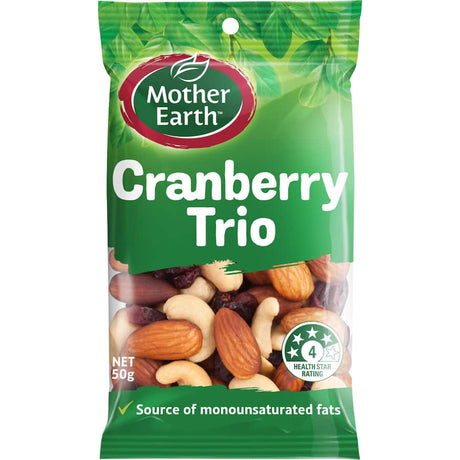 Nutritious snack mix of roasted cashews, almonds, and cranberries in a palm-sized pack, perfect for on-the-go enjoyment.